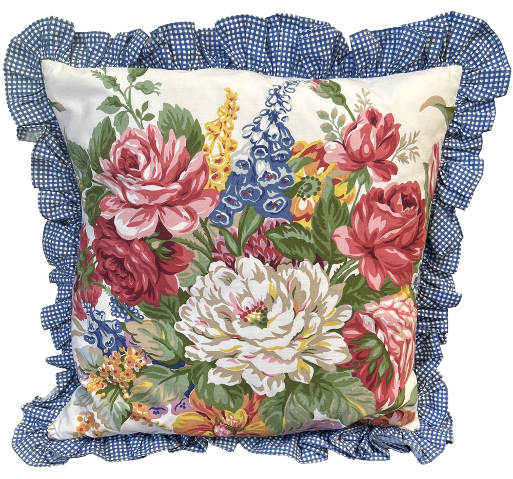 Vintage Ralph Lauren Melissa Floral Pillow 16x16 Blue Gingham Ruffle Cottage USA